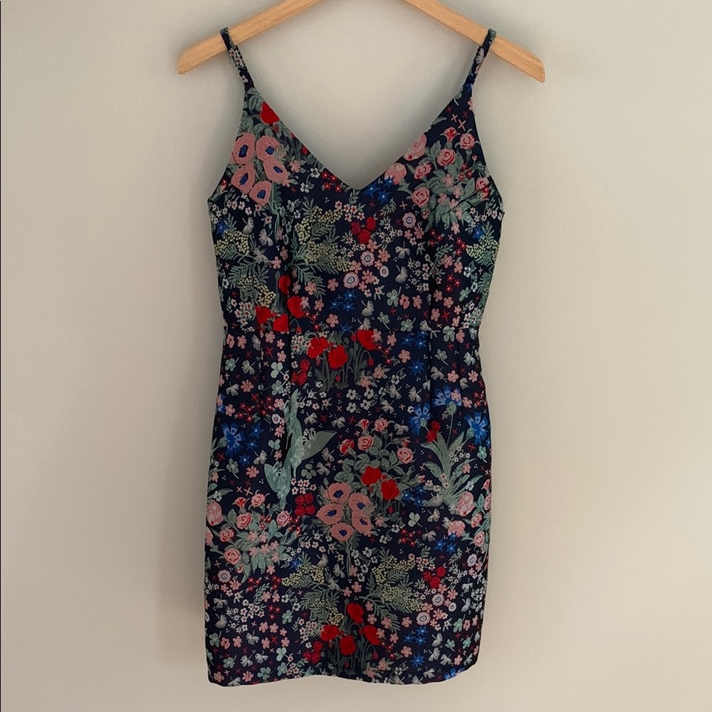 Frank & Oak Floral Mini Dress in Black with Red, Pink & Green